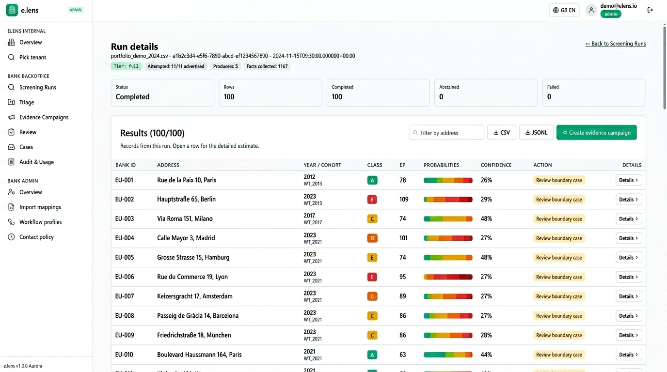 e.Lens platform dashboard — energy screening results for a property portfolio