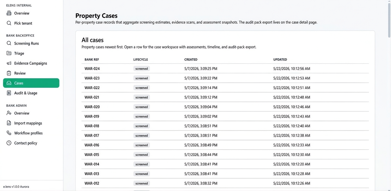 Lista Property Cases: budynki po screeningu z historią audytu