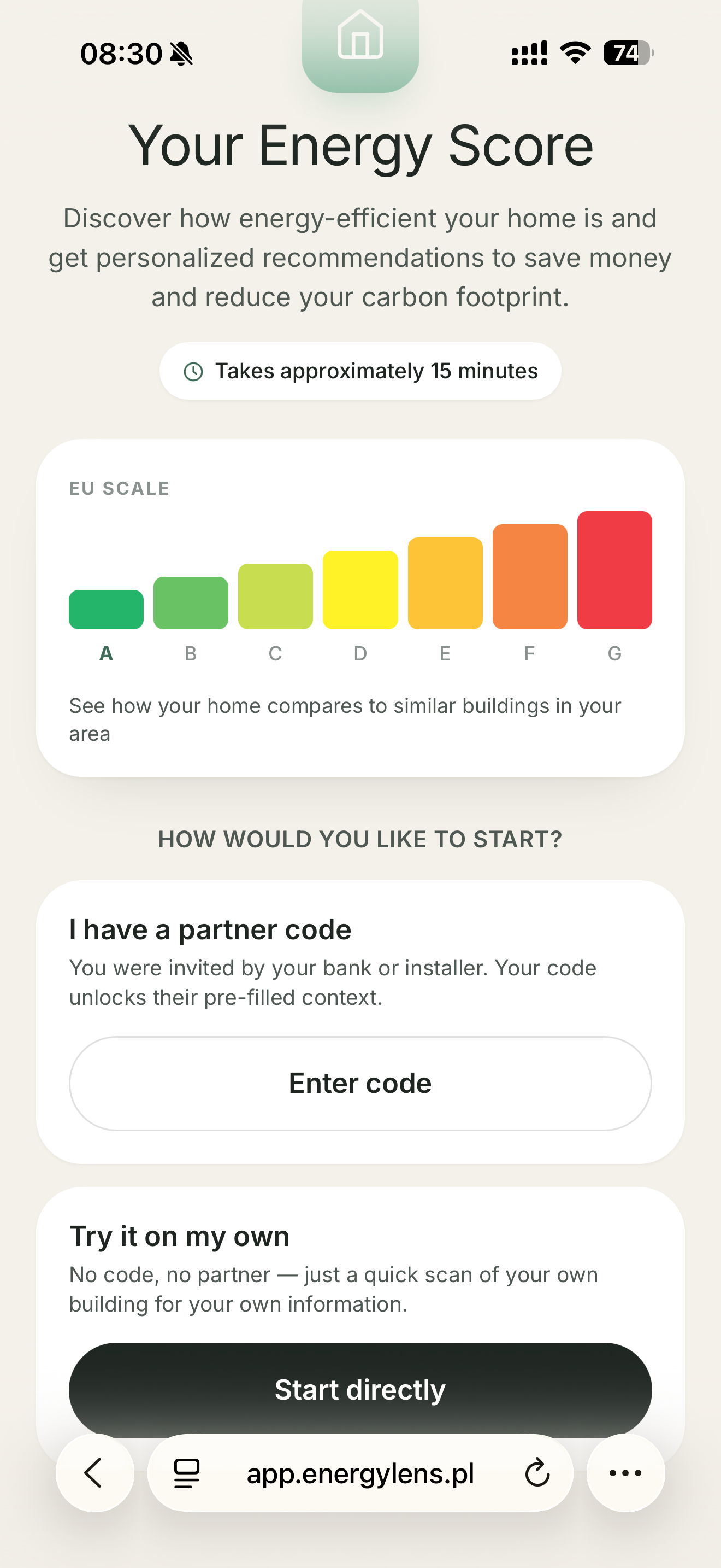 e.Lens Pre-Audit mobile app start screen — building energy assessment