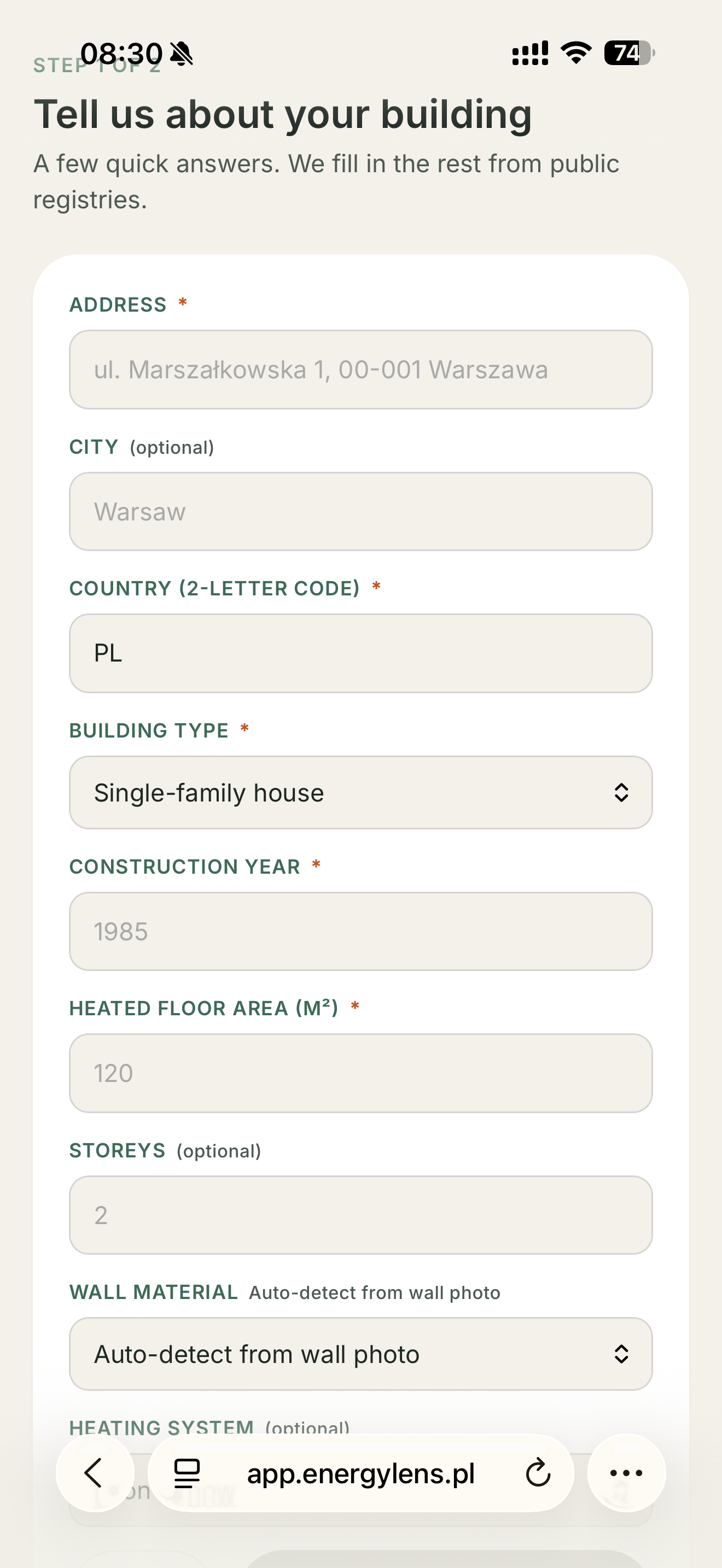 Building data form in Pre-Audit app — owner enters property information