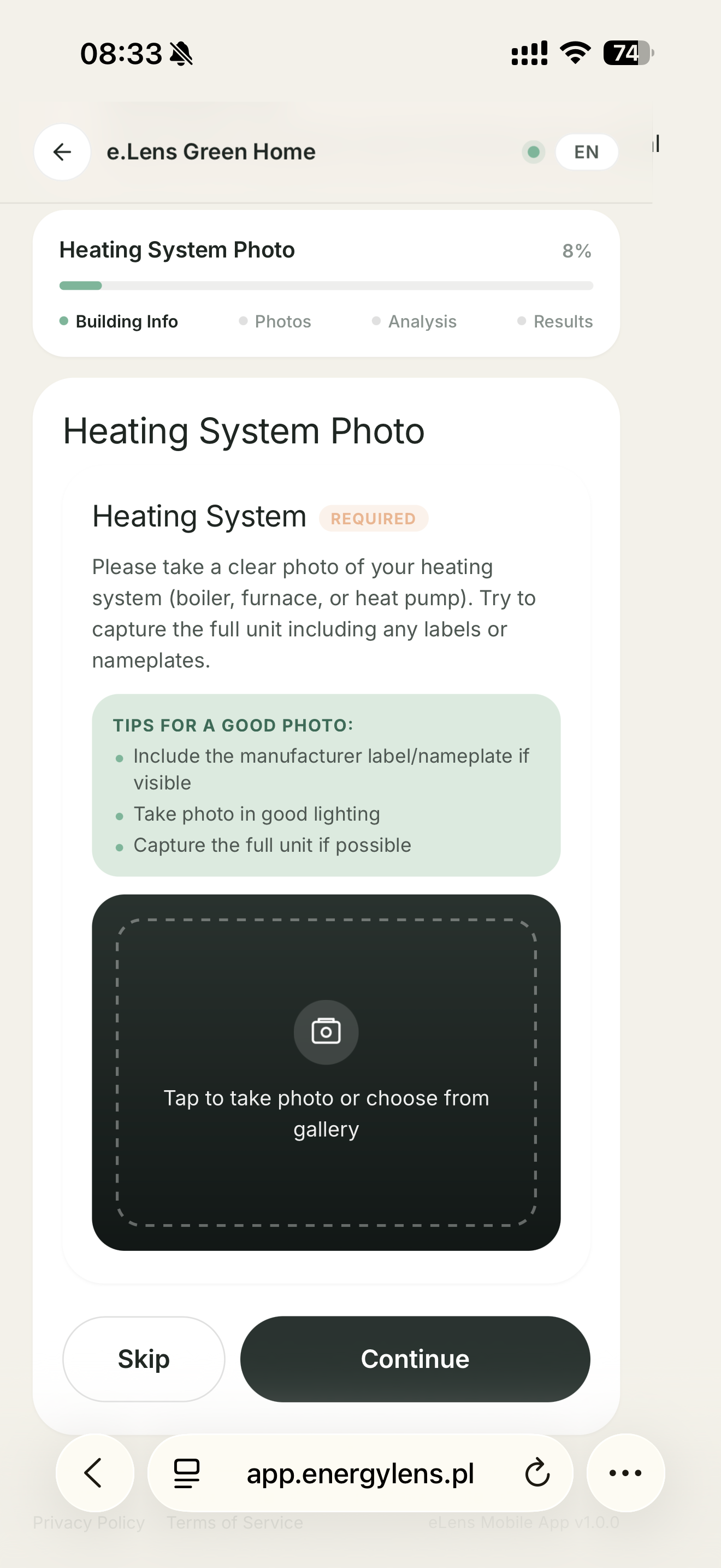 Building elements scan in Pre-Audit app — heating system, windows, walls