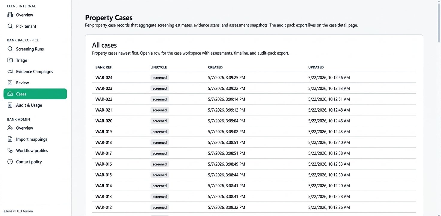Property Cases list — screened buildings with full audit history